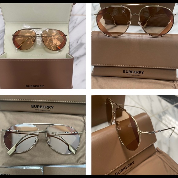 BURBERRY PILOT GOLD-TONE METAL AVIATORS WITH 2 TONE DESIGN DETAILING ON LENSES - Picture 8 of 16